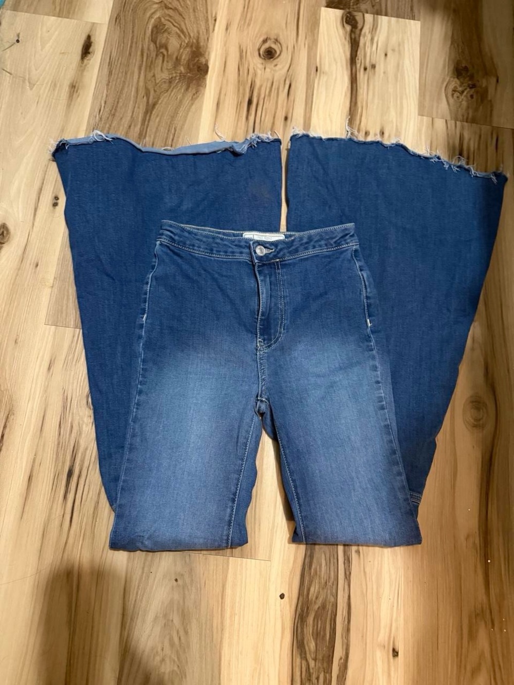 Free People Raw-Hem Wide Leg Bell Bottom Jeans in Medium Blue